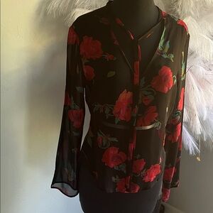 Black Sheer Tie-Neck Blouse with Red Rose Print